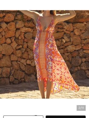 Free People Orange Pink Paisley Asymmetrical Slip Dress